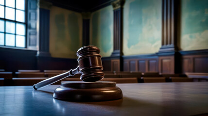 A gavel sits on a wooden podium in a courtroom