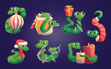 Collection of funny green tree holiday snakes. Symbol of Chinese New Year 2025. Set of vector isolated cartoon Christmas character illustrations.