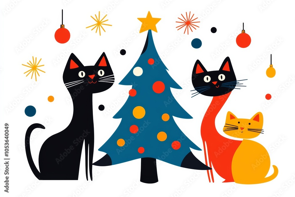 Poster cat is sitting in front of a christmas tree with two other cats. cats are looking at the camera. mul
