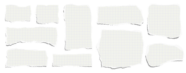 Elongated horizontal set of torn pieces of checkered paper isolated on a white background. Paper collage. Vector illustration.