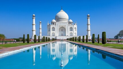 Obraz premium Taj Mahal Reflection in Pool Indian Architecture Agra Landmark White Marble Travel Destination