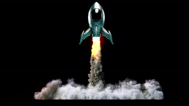 Alien spaceship launch 3d animation. Startup new business project. New business project concept. Vehicle concept. Space shuttle. Smoke cloud. HD with alpha channel
