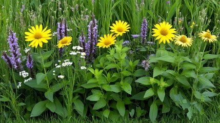 Obraz premium Yellow Wildflowers Blooming in Summer Meadow with Green Grass and Purple Flowers