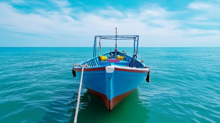 Obraz premium Blue Boat Moored in Calm Turquoise Ocean Water Under a Sunny Sky