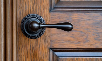 Obraz premium stylish dark door handle on a light-colored wooden door, Generative AI