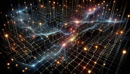 Neural Network Grid with Glowing Connections - Deep Learning Data Transmission and AI Processing Concept, Futuristic Digital Design, No People