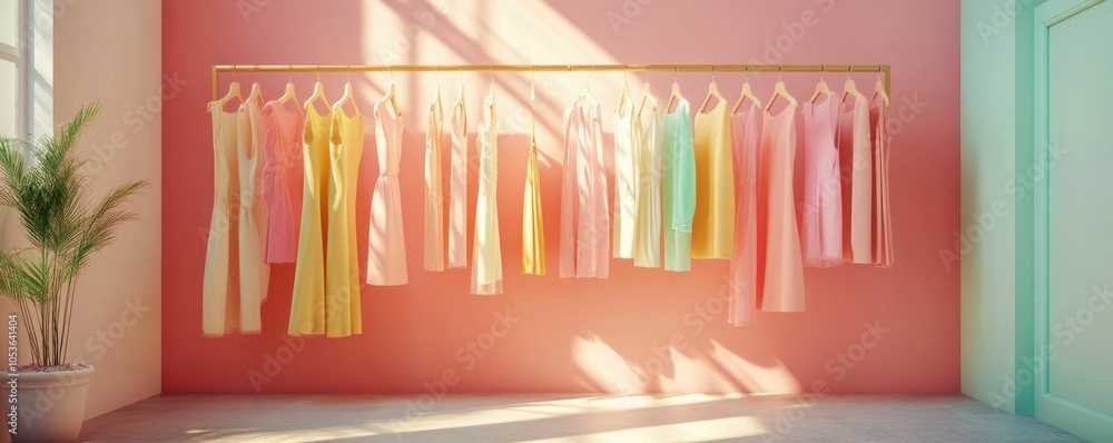 Poster minimalist wardrobe rack with a display of pastel colored dresses in a clean fresh and visually appe