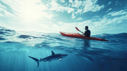 A person kayaking in sea water with a shark underwater