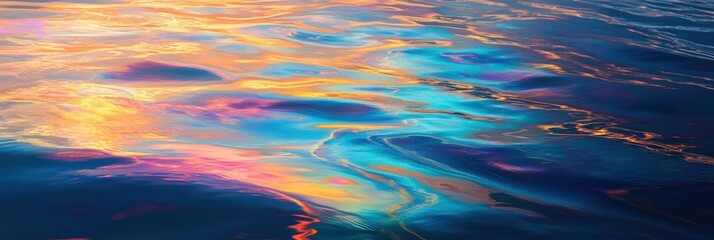 Naklejka premium Oil spills shimmering on ocean surface, vibrant rainbow reflections glistening under sunlight, environmental impact evident in serene waters