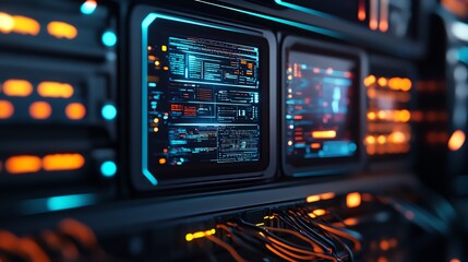 Close-up of futuristic server room with glowing LED lights and digital screens. High-tech network equipment in a data center environment.