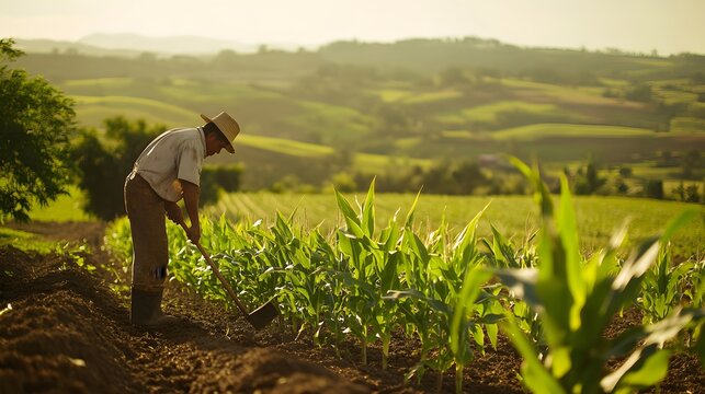 Farmer hoeing corn field from weed. 