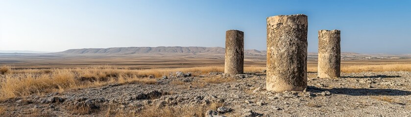 Three ancient stone columns stand in a vast, arid landscape under a clear blue sky.