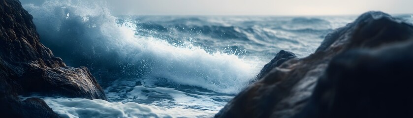 Crashing Wave Against Rocky Coastline