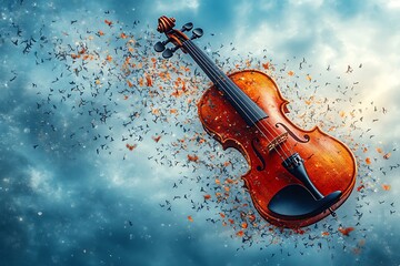 Fototapeta premium A violin soars through a sky filled with butterflies.