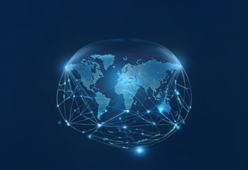 Fototapeta premium A stylized, glowing blue globe with a world map and interconnected lines representing global connectivity.