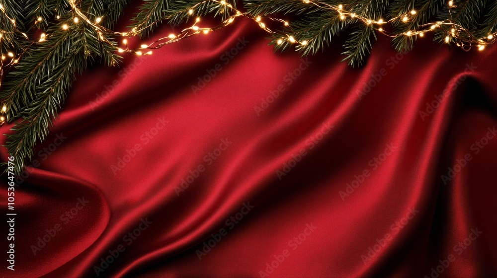 Poster frame of red chrismtas background with snowy christmas tree branches