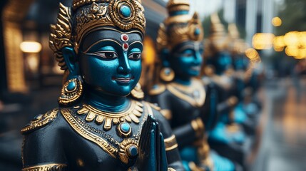 Fototapeta premium Blue Hindu God Statues with Golden Accents in Row Indian Deity Sculpture Religious Art