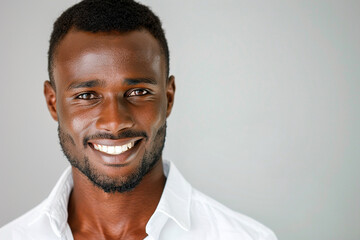 Obraz premium A confident young man smiles brightly while wearing a white shirt against a neutral background during a portrait session