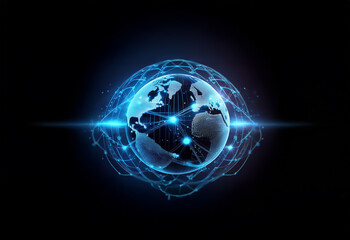 A glowing blue and white globe with interconnected lines representing digital networks against a...