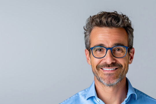 A middle-aged man smiles confidently while wearing glasses, showcasing a professional look in a neutral studio setting