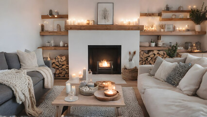 Fototapeta premium Scandinavian Hygge Retreat with Cozy Textiles and Warm Lighting