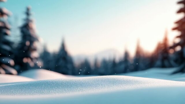 Snowdrift against panoramic view with snowy frost trees. Natural landscape with space for text or design. Winter holiday season. Happy New Year, Merry Christmas
