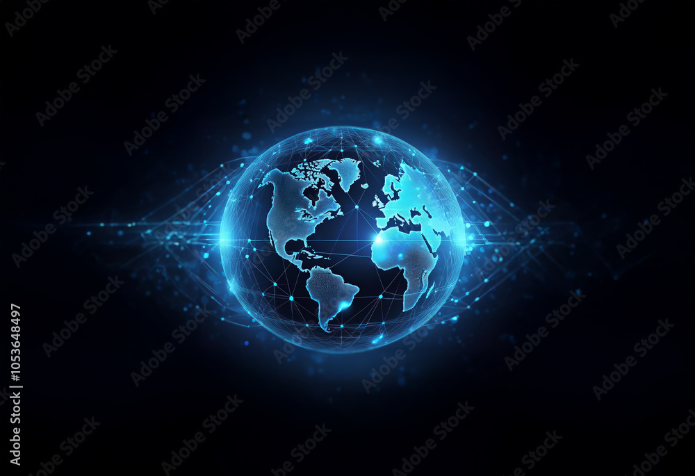 Poster a glowing blue globe with a wireframe structure against a dark background.