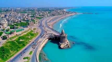 Obraz premium Aerial View of Coastal City with Historic Tower and Turquoise Water
