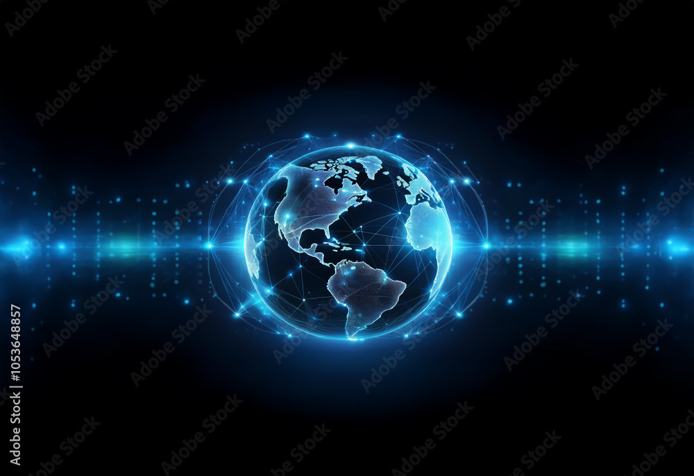 Poster a glowing blue earth with connected lines sits in a digital space with abstract blue lines and dots 
