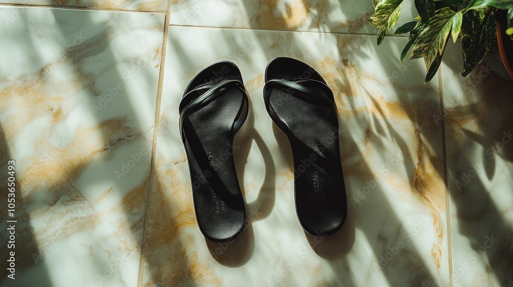 Poster overhead shot capturing the elegant minimalist design of a pair of black sandals resting on a marble