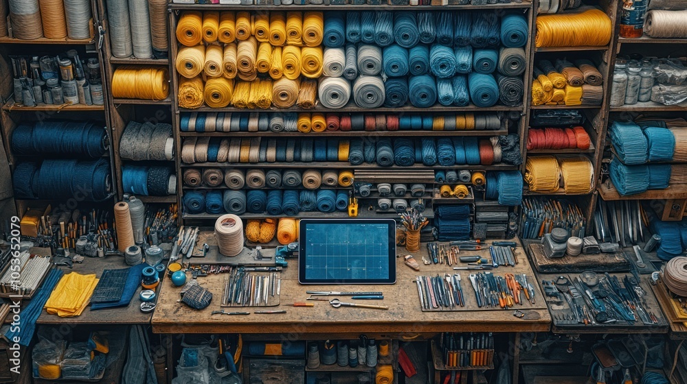 Poster a workbench in a workshop overflowing with spools of colored thread, tools and materials