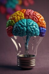 Bright Colorful Illustration of a Light Bulb with a Brain Inside, Symbolizing Creativity and Ideas in Education