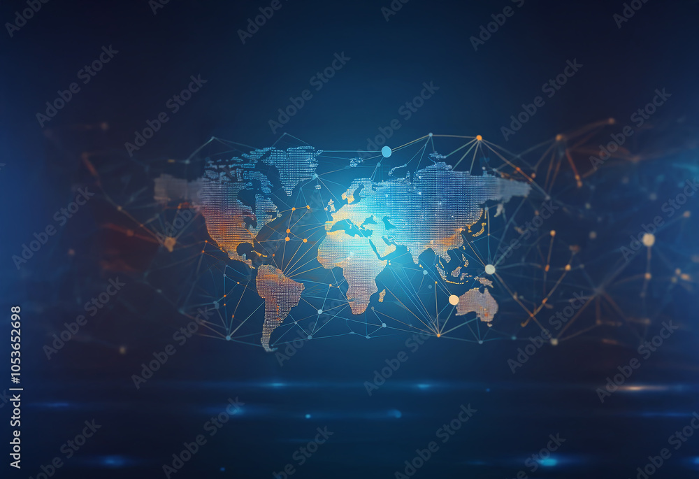 Poster an abstract representation of the world connected by a web of lines and glowing points of light agai