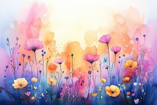 Colorful Watercolor Wildflowers in Dreamy Sky Scene