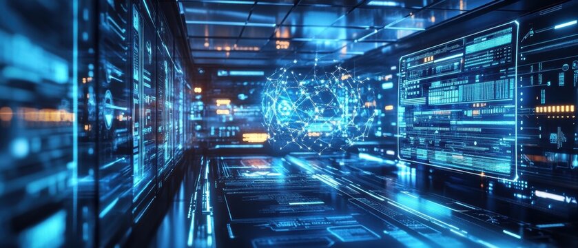 A futuristic lab featuring an illuminated quantum computer processor and screens
