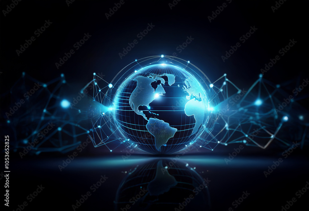 Poster a glowing blue digital globe with interconnected lines of code, a representation of global connectio