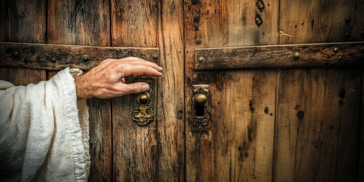 Hand open an old wooden door