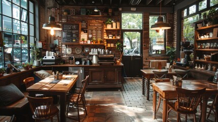 Rustic coffee shop with vintage decor and large windows creating a bright, cozy space