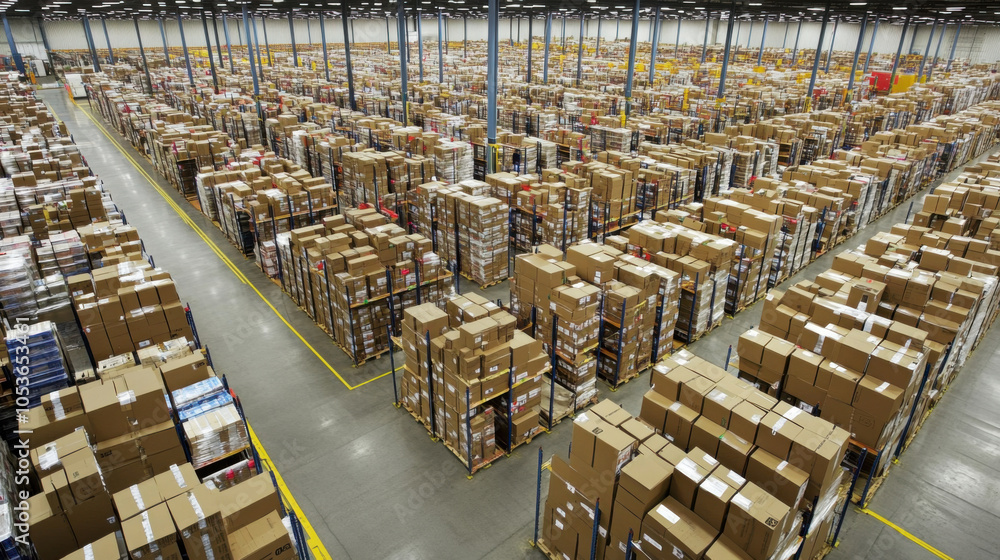 Poster busy warehouse filled with rows of shelves stacked with cardboard boxes, showcasing organized and ef