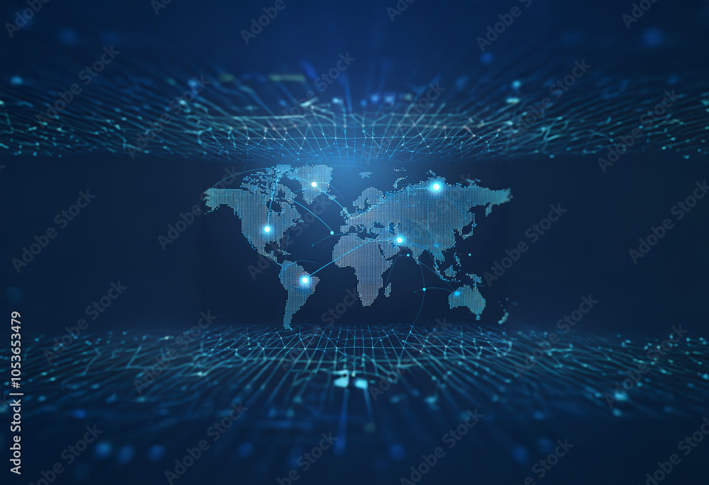 Poster a stylized world map is rendered in white on a dark blue background with glowing dots and lines, rep