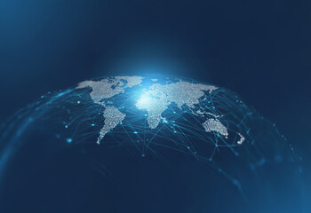 Fototapeta premium A stylized world map outlined in white with a glowing, blue light emanating from the center, connected by a network of lines.