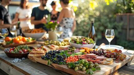 Obraz premium Outdoor gathering with fresh charcuterie board and friends enjoying a summer day