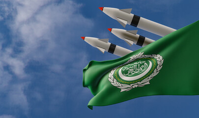 Ballistic missile being launched, Arab League flag in foreground. Arab League weapons of mass...