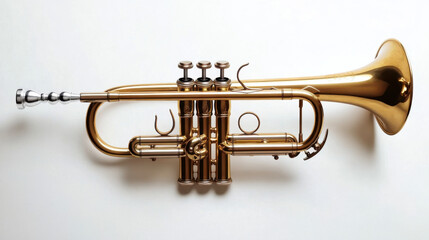 Obraz premium Classic jazz trumpet isolated on white background, showcasing its elegant design and shiny brass finish. Perfect for music enthusiasts and collectors alike