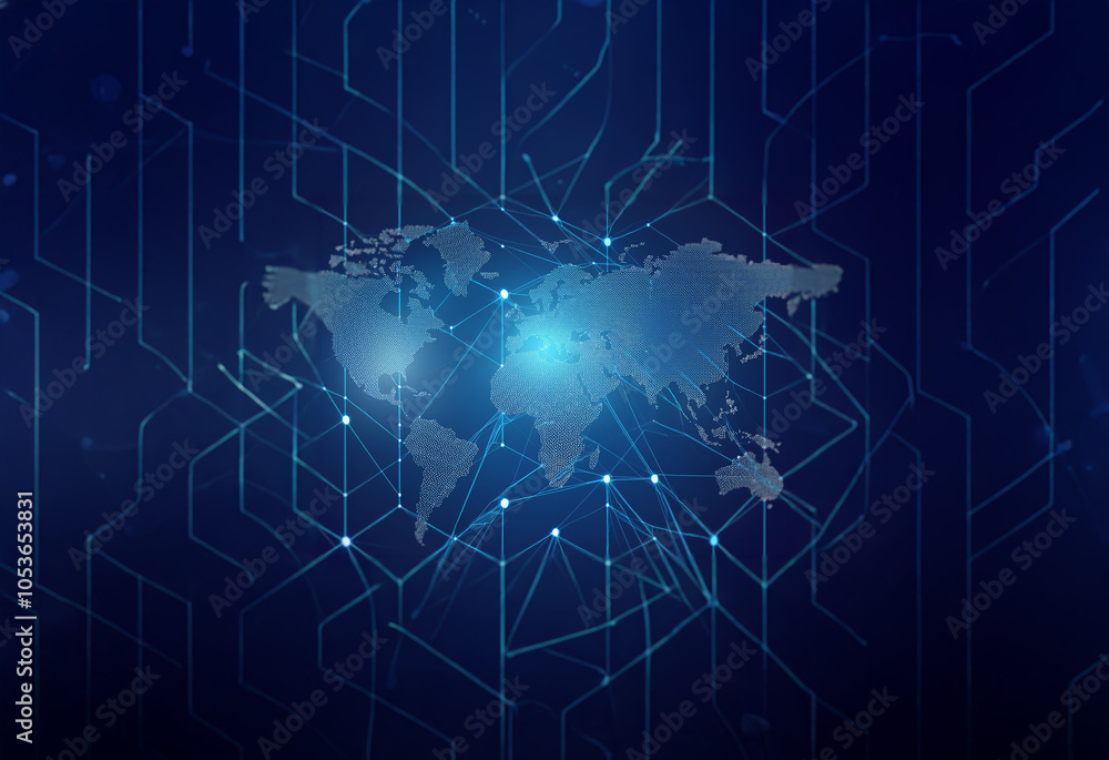 Poster a world map with connected lines and dots on a dark blue background.