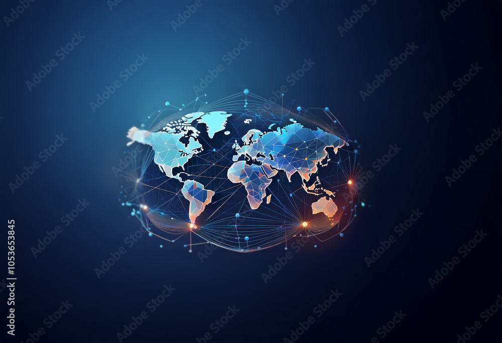 Aufkleber a stylized world map is rendered in a dark blue color. the map is surrounded by a network of connect