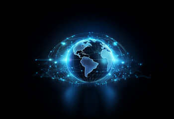 Fototapeta premium A glowing blue globe surrounded by digital connections, reflecting on a dark surface.