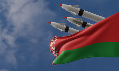 Ballistic missile being launched, Belarus flag in foreground. Belarus weapons of mass destruction...