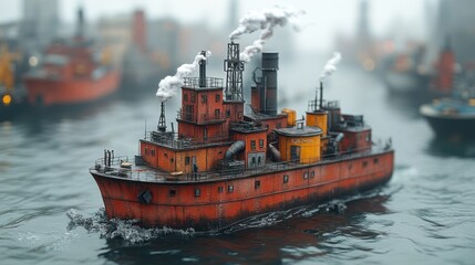 Fototapeta premium A Model Steampunk Ship Sailing Through Foggy Water