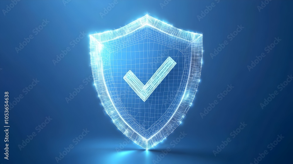 Poster 3d wireframe shield with a prominent check mark symbol,representing the concept of secure technology